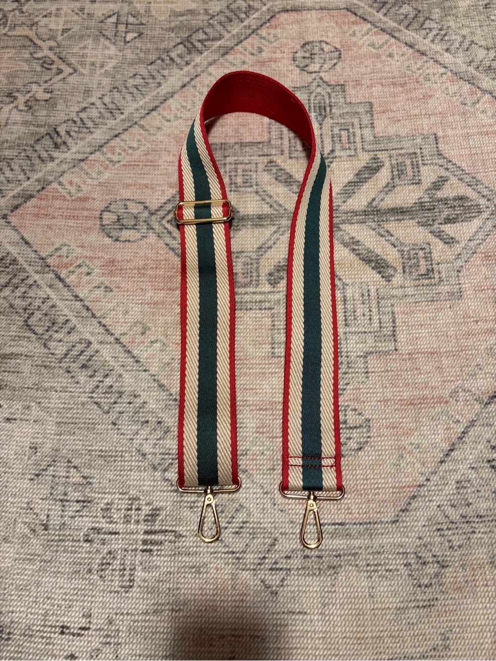 NWOT Adjustable Green and Cream Striped Bag Strap with Red Accents